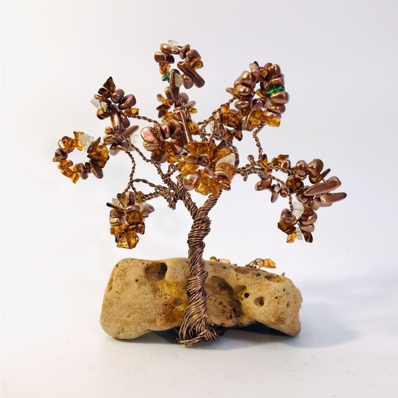 Wire Sculpture Bonsai Tree Amber Stone Chip Iridescent Bronze Beads 5.5" Artisan - Picture 5 of 12